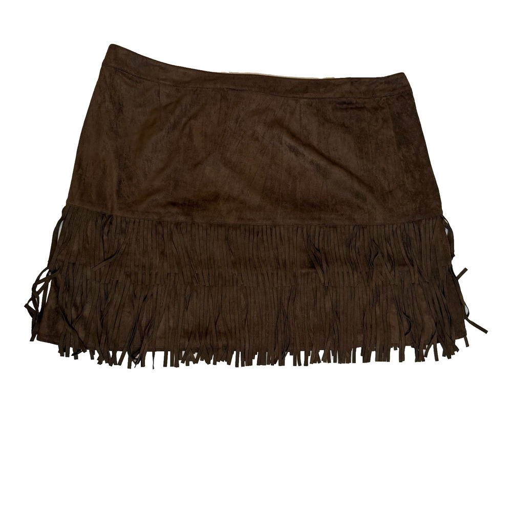 Lane Bryan Faux Suede Western Short Skirt With Two Tiers Of Fringe Size 26